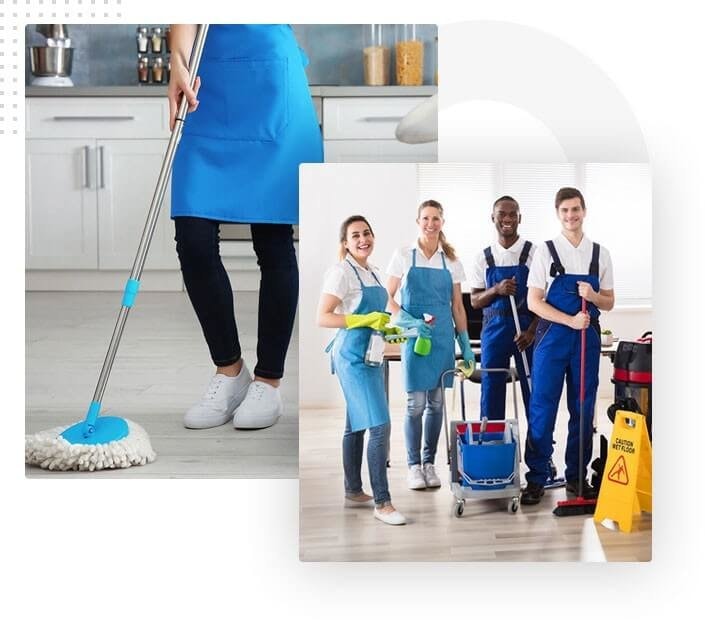 Professional cleaner mopping with a commercial cleaning team